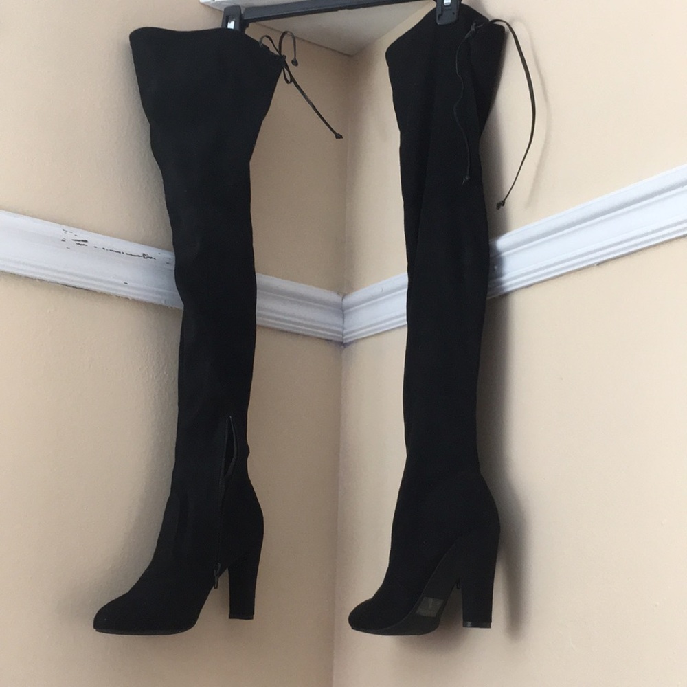 Black suede thigh high boots